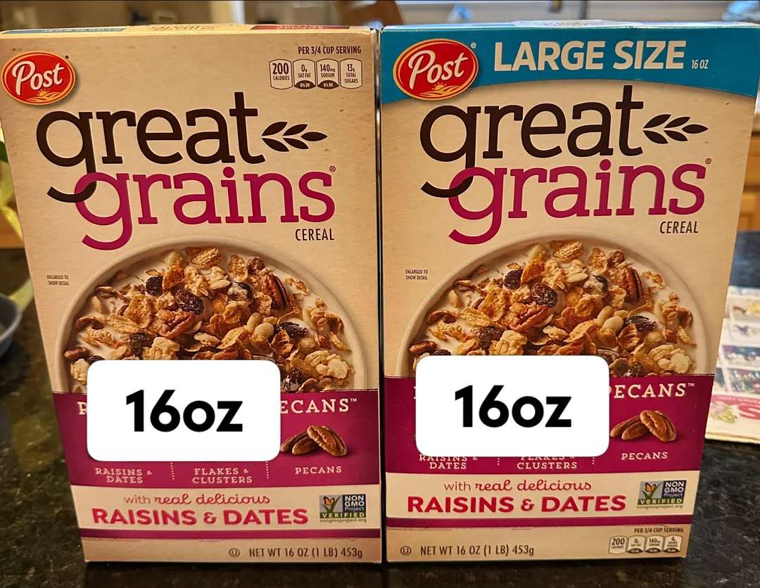 Two boxes of Post Great Grains Raisins, Dates & Pecans cereal, both labeled as 16oz, one marked as “Large Size” and the other as regular size, shown side by side on a kitchen counter.