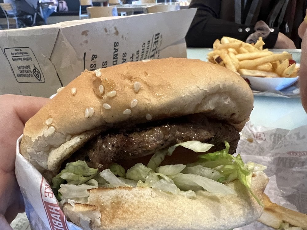 A close-up of a hand holding a Burger Chain Value hamburger with lettuce, tomato, and a beef patty in a sesame seed bun. In the background, there is a tray of French fries and a partially visible person.