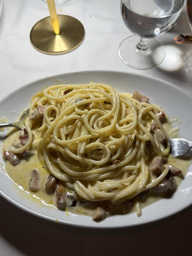 A plate of creamy pasta, likely carbonara, with pieces of meat sits on a white oval dish—classic fare at the Best Italian Restaurants. A fork rests nearby, with a lit candle and glass of water on the white tablecloth in the background.