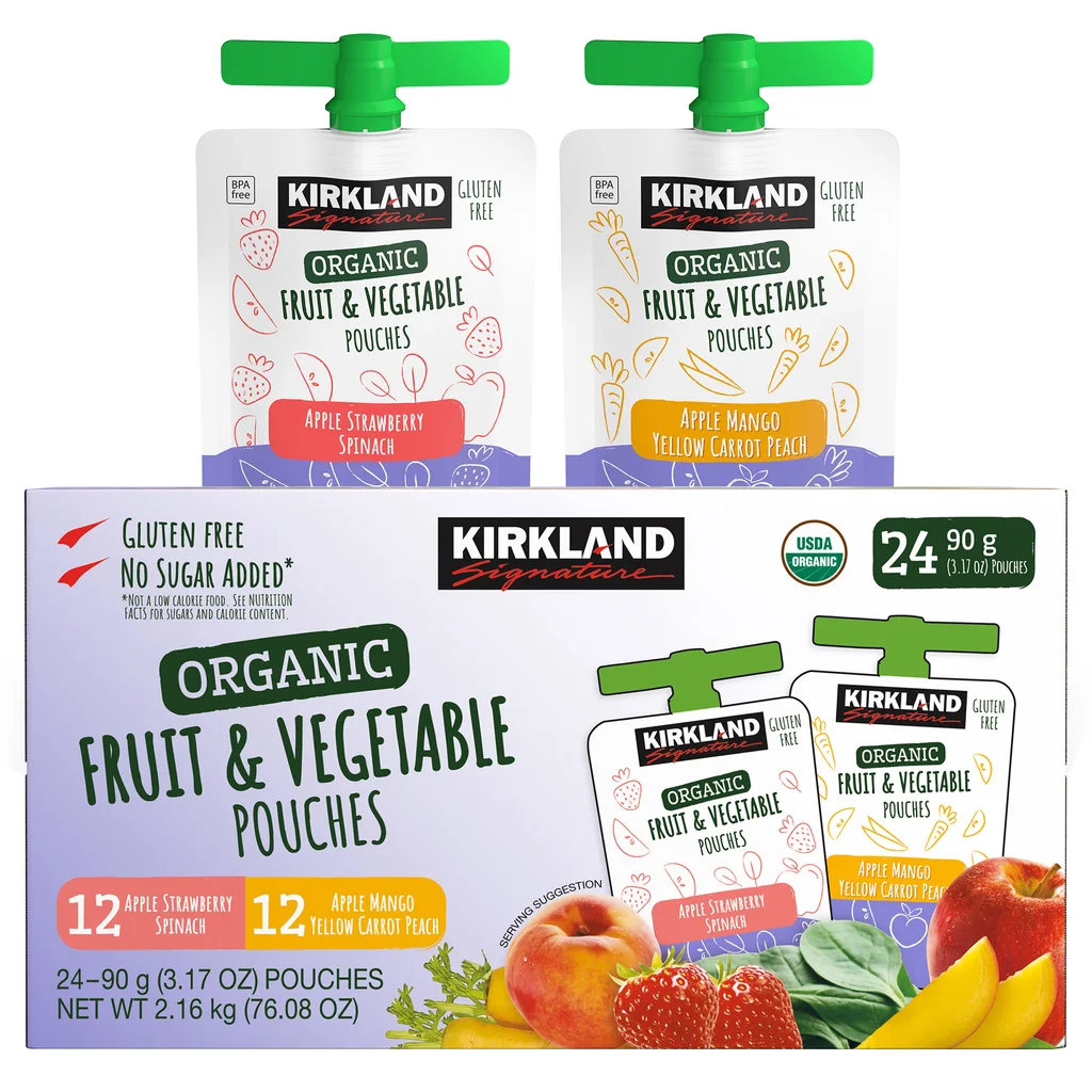 Kirkland Signature Organic Fruit & Vegetable Pouches box with three pouch flavors: Apple Strawberry Spinach, Apple Mango Yellow Carrot Peach, and Apple Mango Yellow Carrot Peach. Each pouch is 3.17 oz, gluten-free, USDA organic.