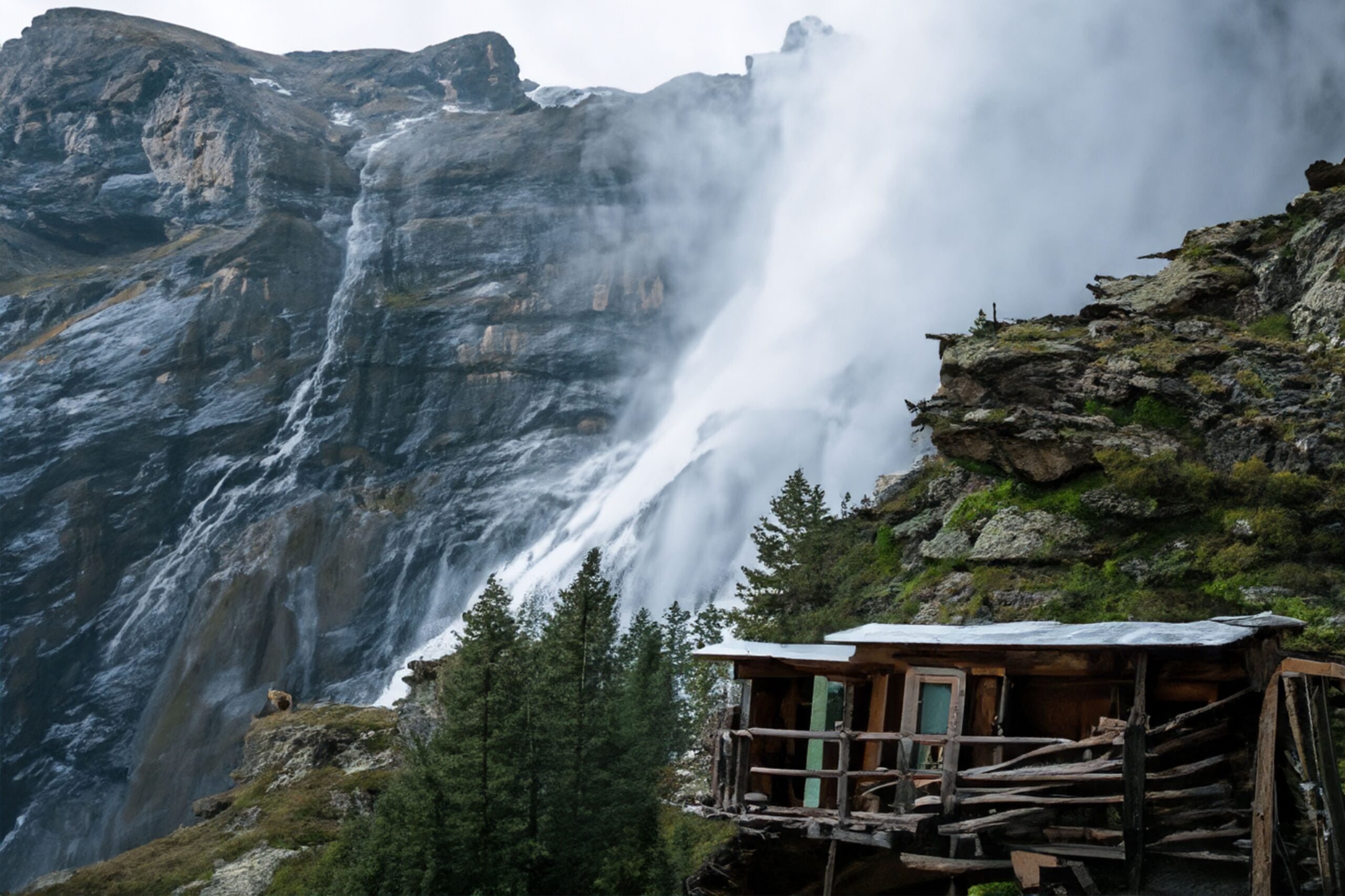 A rustic wooden cabin sits on a rocky hillside near tall pine trees, with a dramatic waterfall cascading down sheer cliffs in the background under a cloudy sky.