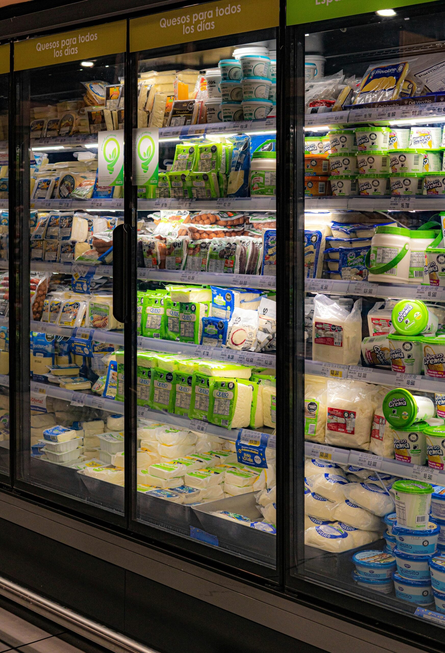 Supermarket refrigerator stocked with various packaged cheeses and dairy products, labeled "Quesos para todos los días" (Cheese for every day) in Spanish above the shelves.
