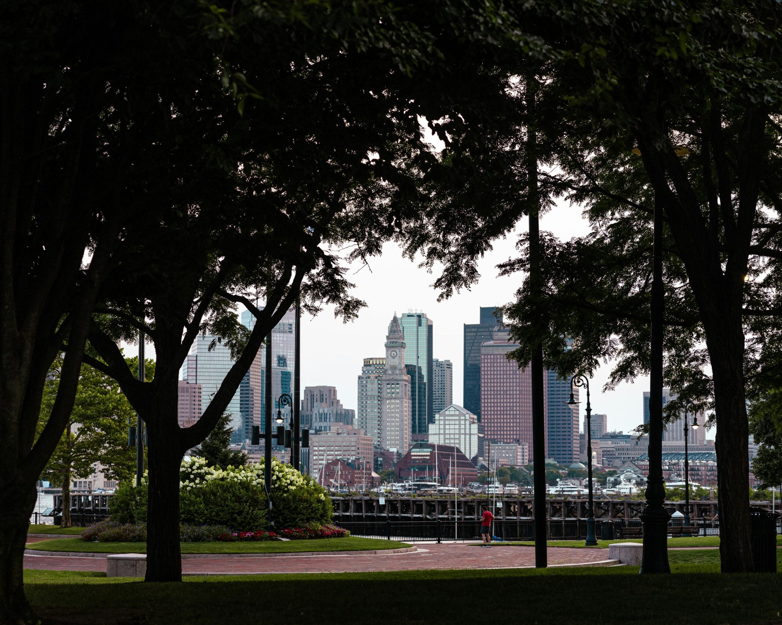 A city skyline with tall buildings is framed by leafy trees in the foreground, with a grassy park, pathways, and a lamppost visible under a cloudy sky.
