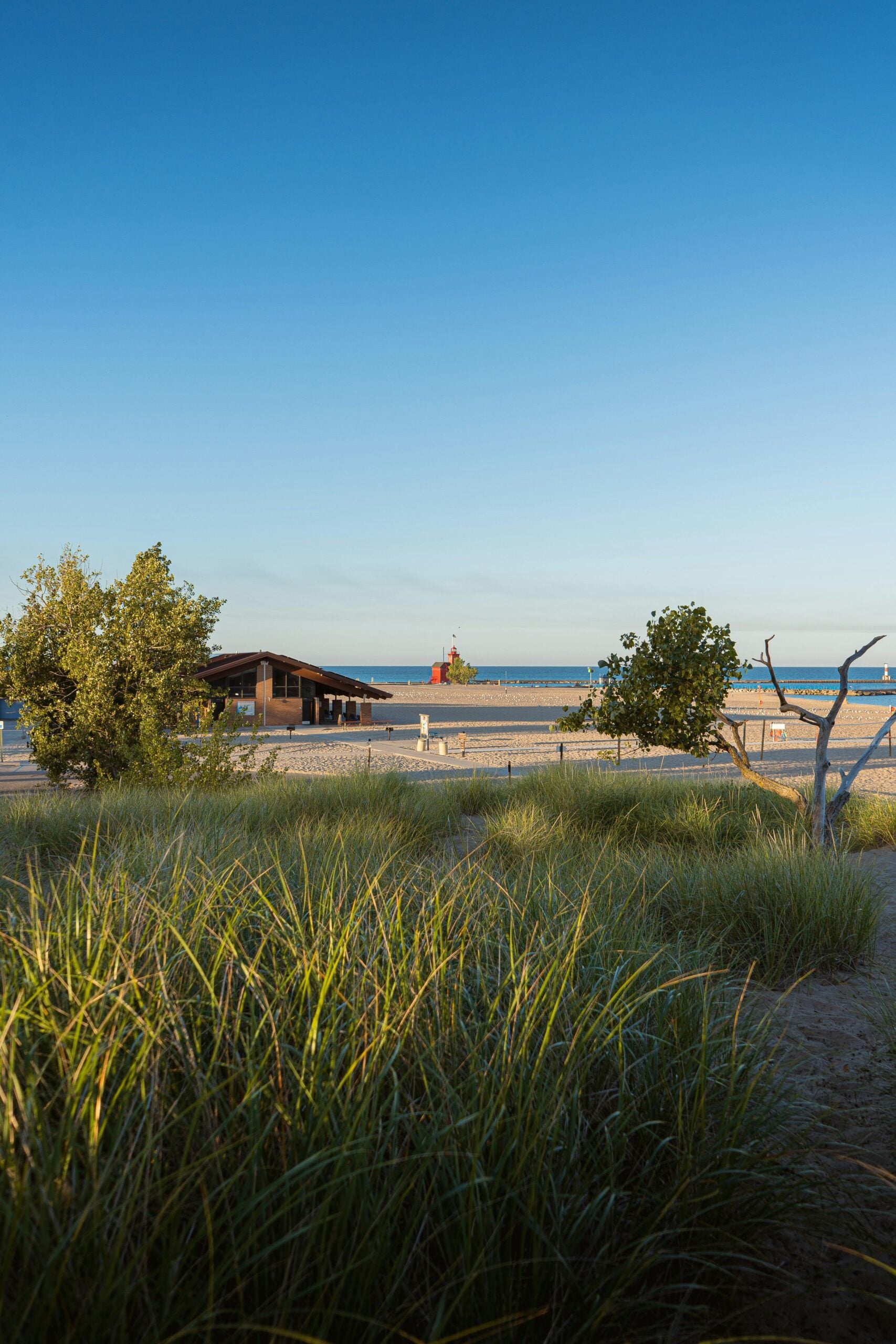 A sandy beach with tall grass in the foreground, a small building to the left, scattered trees, and a red lighthouse near the shoreline under a clear blue sky.
