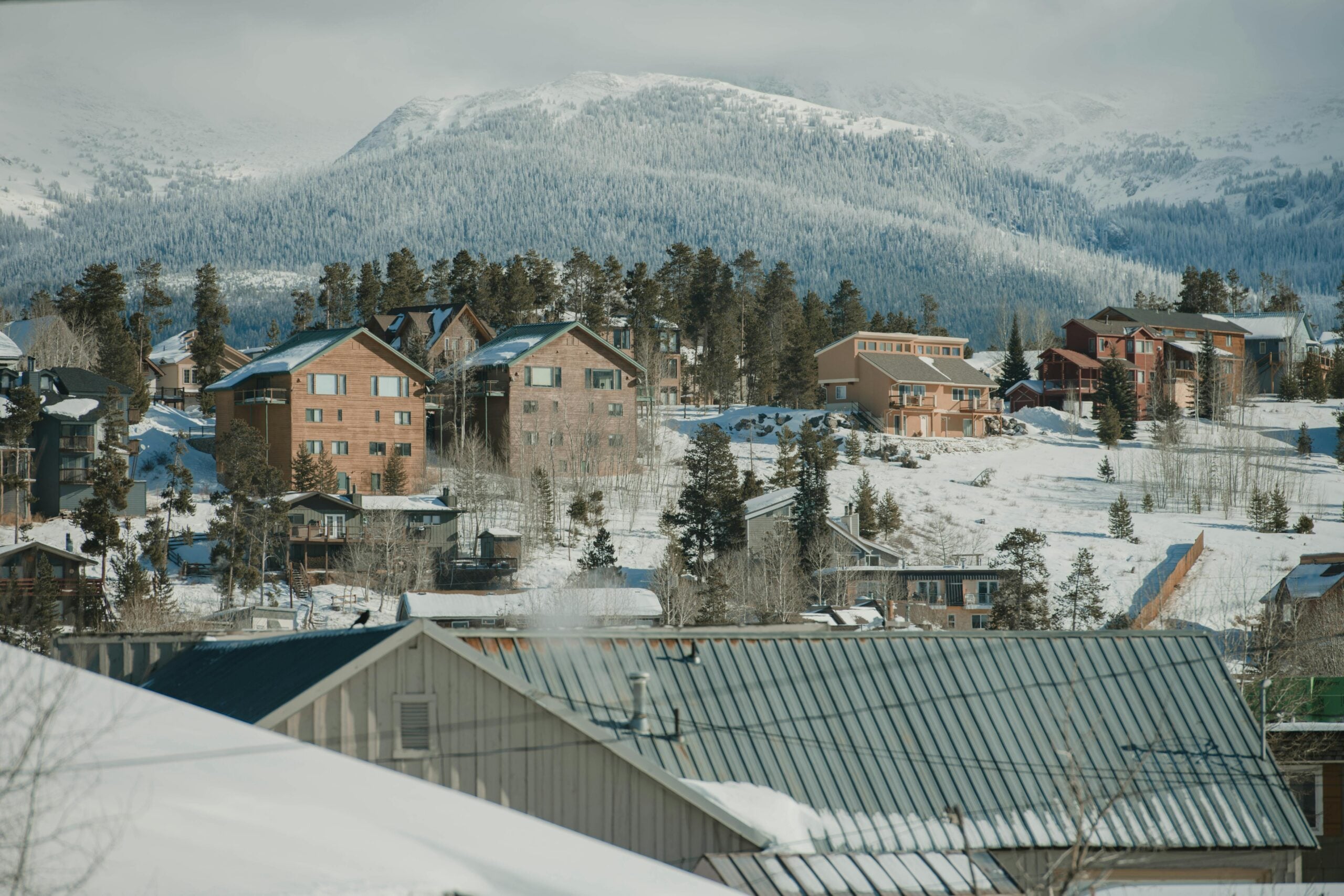 Snow-covered houses and pine trees on a hillside with a backdrop of forested mountains, under a cloudy sky, creating a peaceful winter scene in a mountainous village.