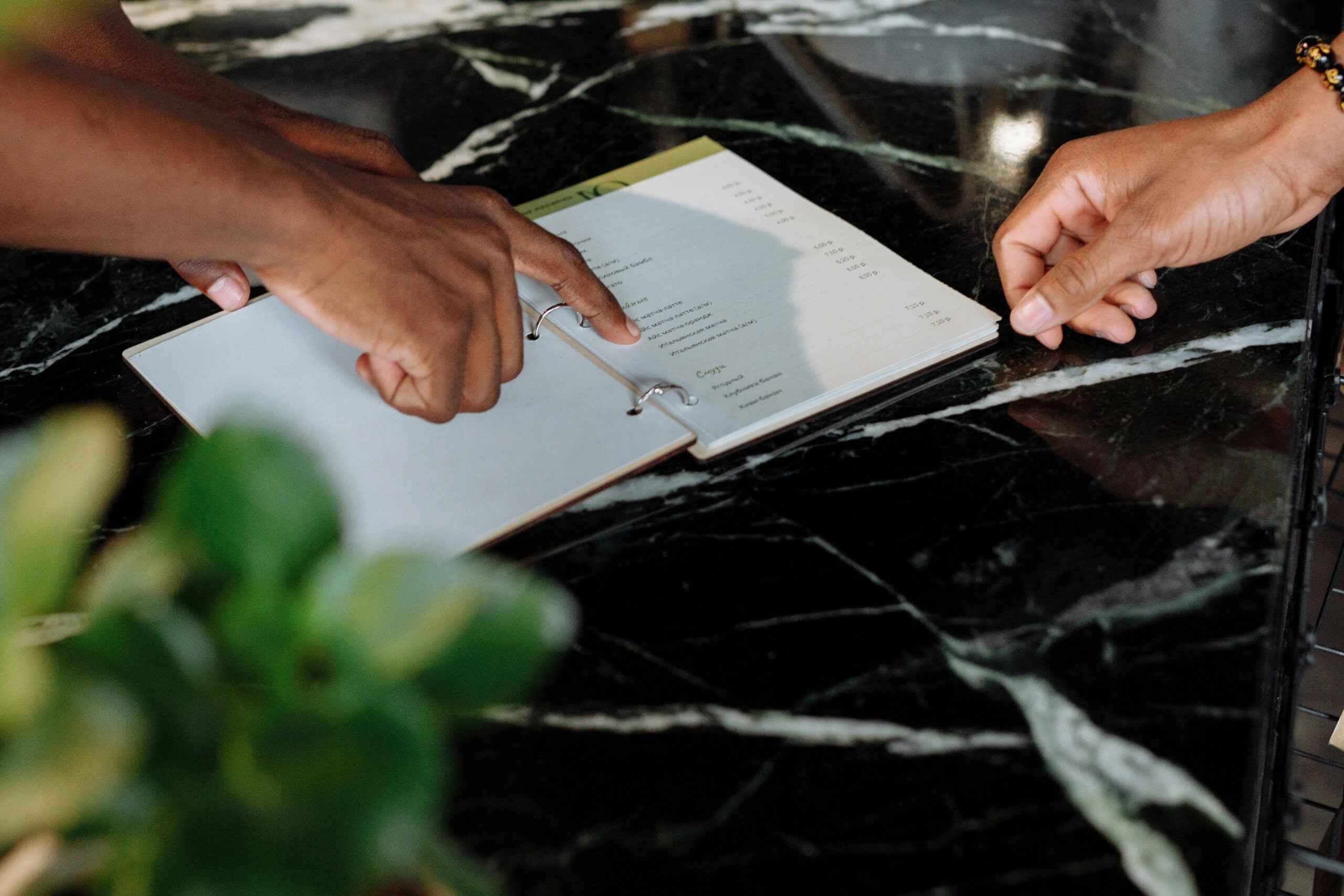 Two people are looking at a menu on a marble table; one person is pointing at an item on the menu while the other looks on. A blurred green plant is in the foreground.