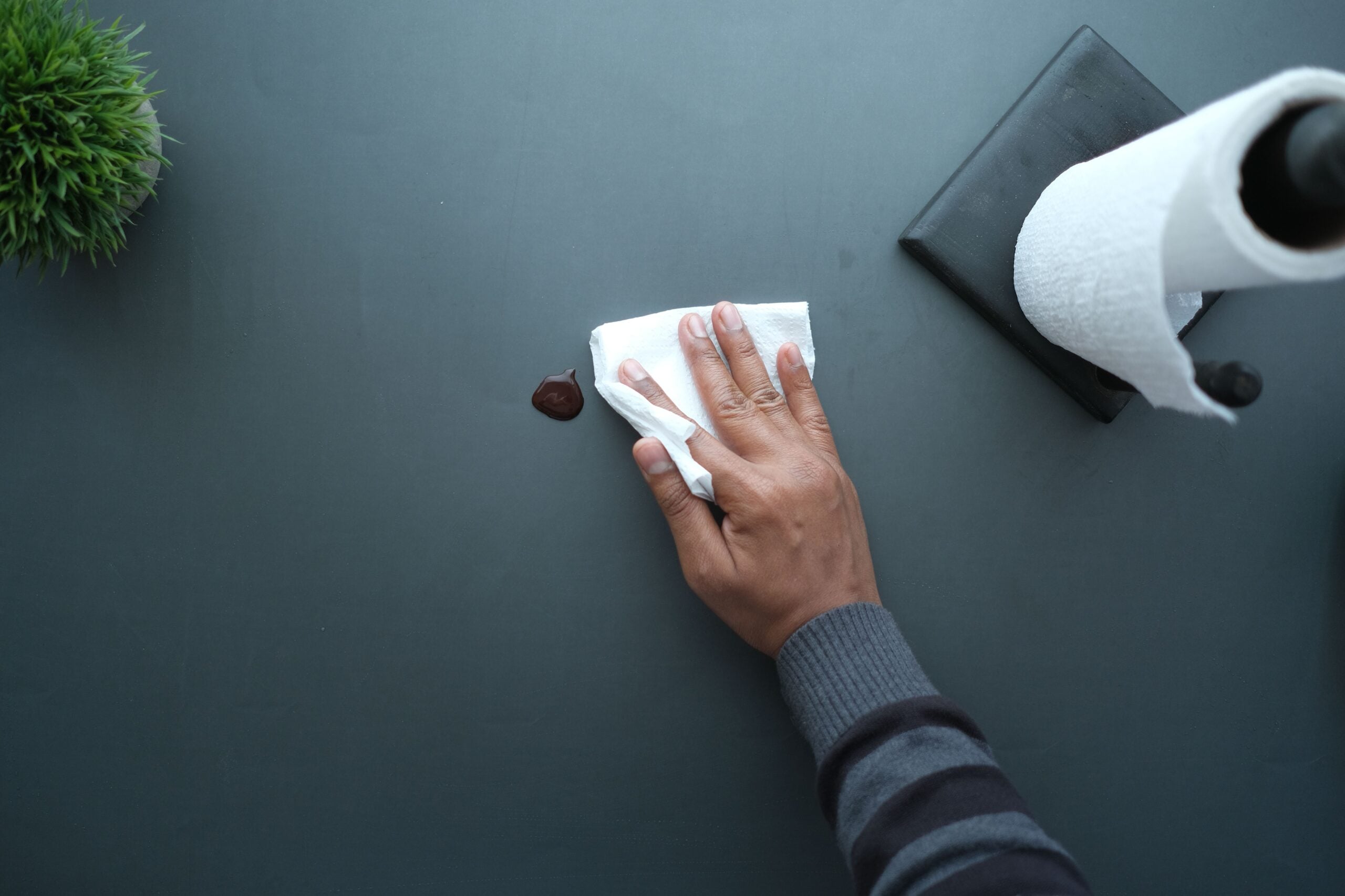 A person wearing a striped sweater wipes a small brown stain from a dark surface with a paper towel; a roll of paper towel and a small potted plant are nearby.