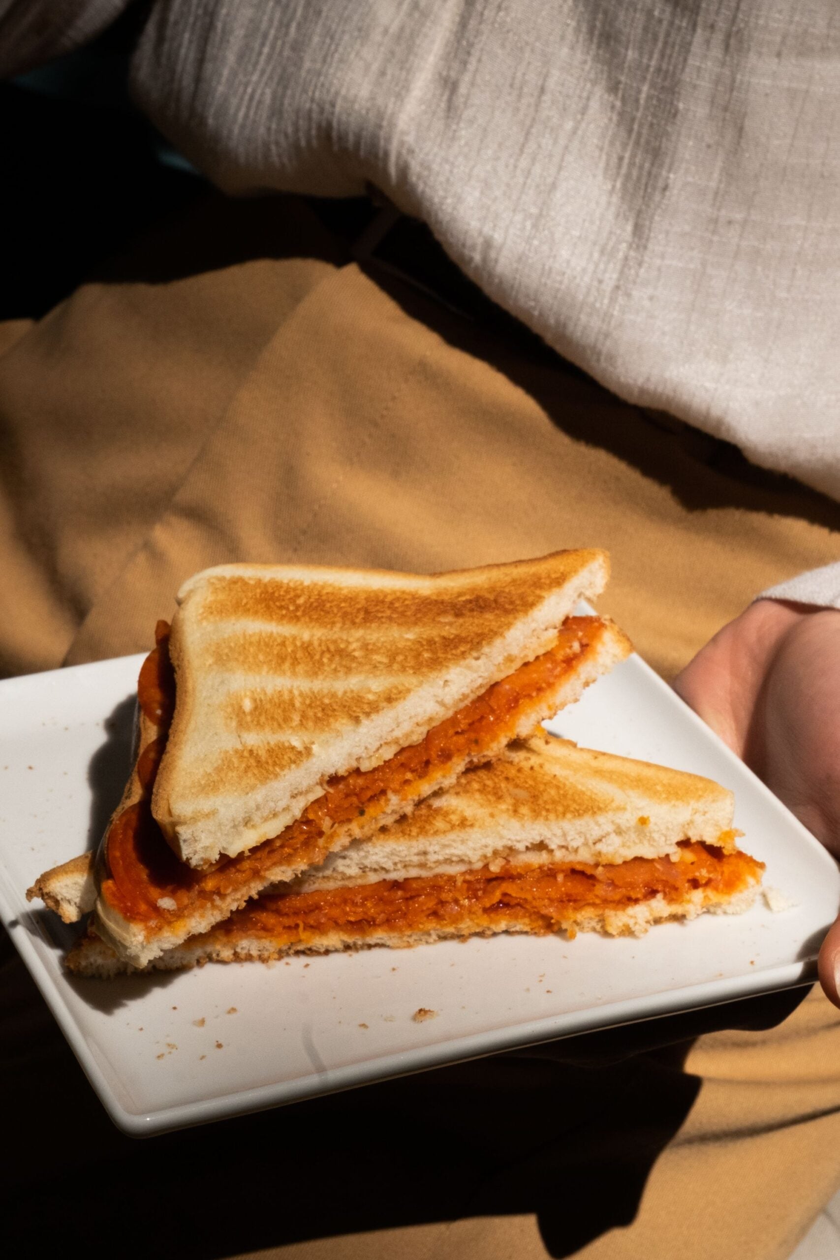 A person holds a white square plate with two triangular halves of a toasted sandwich filled with a reddish-orange spread, possibly cheese or a vegetable filling. The person is wearing beige pants and a white shirt.