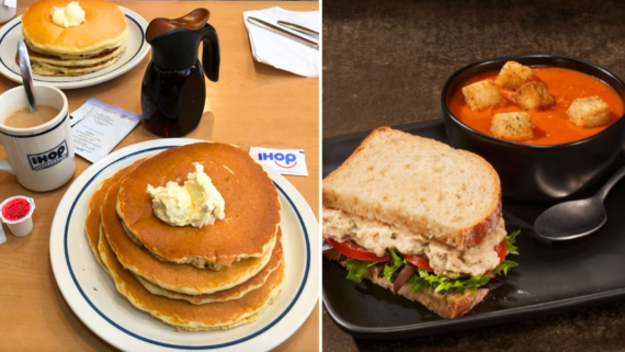A split image: left side shows a stack of pancakes with butter, syrup, and a cup of coffee at IHOP, highlighting classic chain restaurant prices; right side shows tomato soup with croutons and a tuna salad sandwich on a plate.