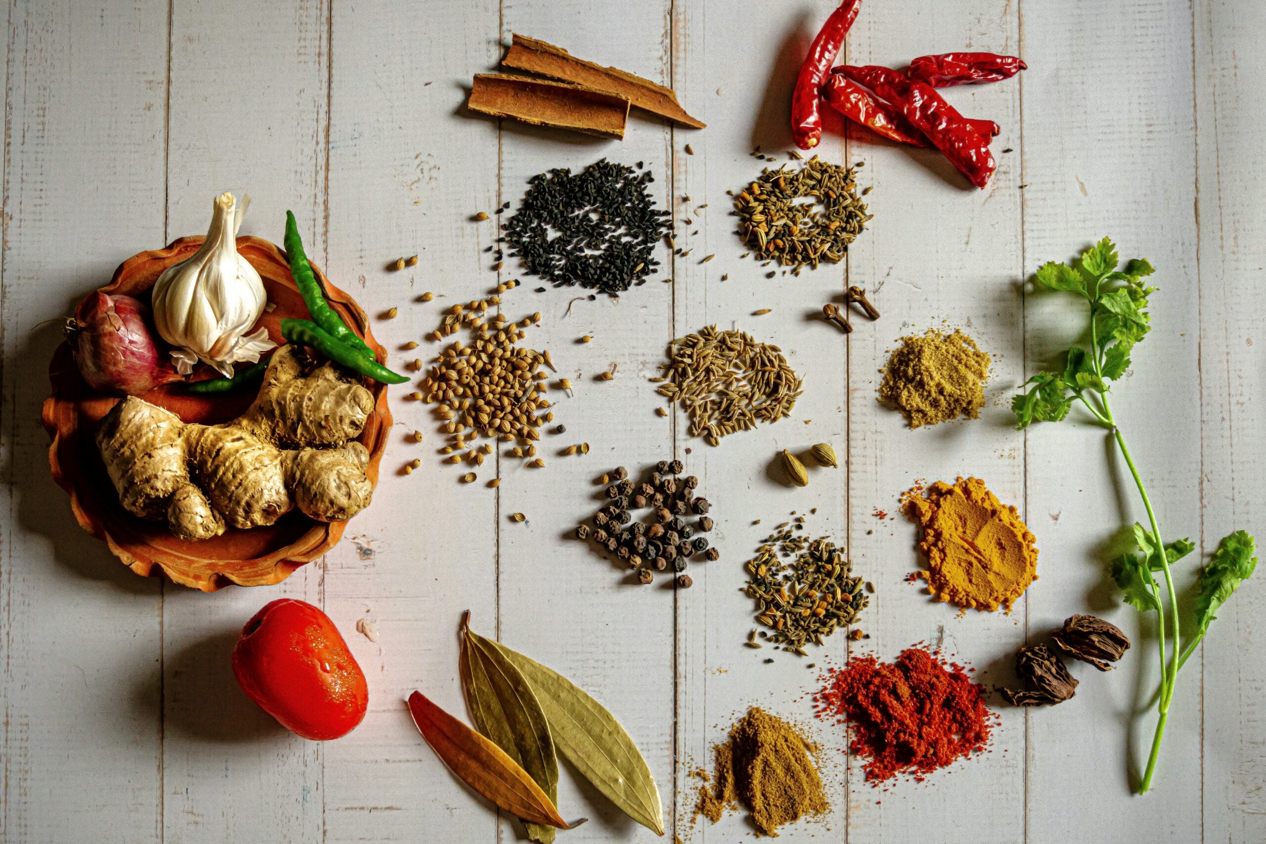A variety of whole and ground spices, fresh ginger, garlic, shallots, green chilies, a tomato, and coriander leaves are arranged on a white wooden surface.