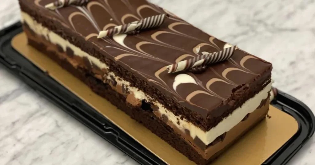 A rectangular chocolate layered cake with cream and chocolate mousse layers, topped with marbled chocolate glaze and three chocolate-striped decorations, displayed on a black tray over a marble surface.