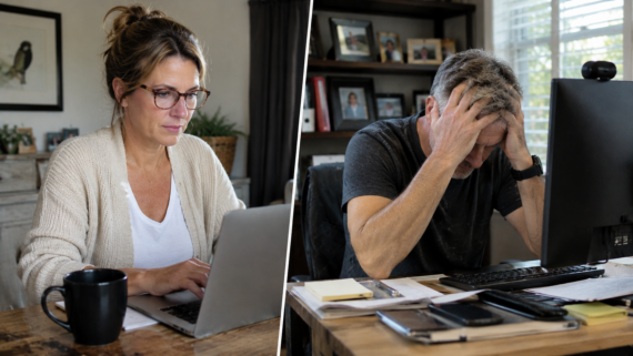 A split image shows a woman calmly working remotely on a laptop at home, while a man on the right looks stressed at his desk with his head in his hands in front of a computer. Both are working in home office settings.
