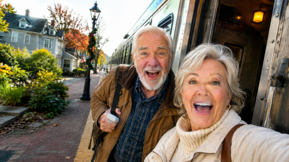 An older couple stands by the open door of a train, smiling excitedly for a selfie on a sunny day in a quaint town&mdash;one of their favorite retirement travel destinations&mdash;surrounded by colorful trees and charming houses in the background.