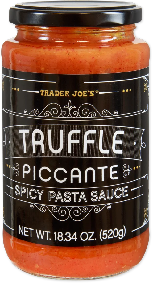 A jar of Trader Joe's Truffle Piccante Spicy Pasta Sauce with a black label displaying the product name, size (18.34 oz, 520g), and gold decorative accents on the jar.