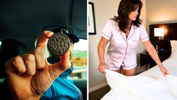 Split image: Left, a person holds an Oreo cookie close to the camera inside a car&mdash;maybe pondering snack prices. Right, a woman in pink pajamas makes a bed in a cozy room with beige walls and a lamp.