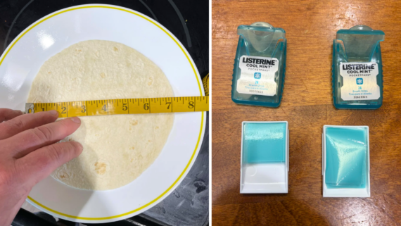 A hand measures a tortilla on a plate with a tape measure on the left; on the right are two open Listerine Cool Mint pocket pack cases and their contents, highlighting examples of shrinkflation products, displayed below on a wooden surface.
