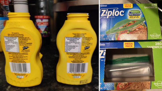 Two yellow mustard bottles with nutrition labels visible sit beside two large Ziploc sandwich bag boxes&mdash;one open, showing the bags inside. All items rest on a dark counter amid other containers, subtly highlighting signs of shrinkflation.