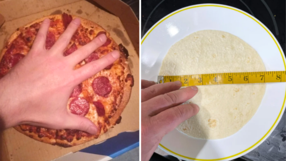 Left: A hand covers most of a pepperoni pizza in a box. Right: The same hand measures the diameter of a tortilla on a plate, highlighting how companies shrink products without changing packaging.