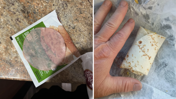 The image is split: on the left, a microwave meal with a single thin slice of meat on bread; on the right, a hand next to a small rolled-up tortilla on wax paper, illustrating shrinkflation and highlighting its reduced size.