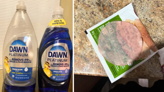 Two Dawn Platinum dish soap bottles sit side by side on the left, while a package of deli meat&mdash;showing the shrinking products trend with fewer slices pressed against the plastic&mdash;is on a kitchen counter on the right.