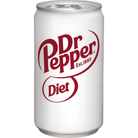 A silver can of Diet Dr Pepper with maroon text displaying the logo and "Est. 1885" on the front. The word "Diet" appears in a white oval beneath the main logo. The can is unopened.