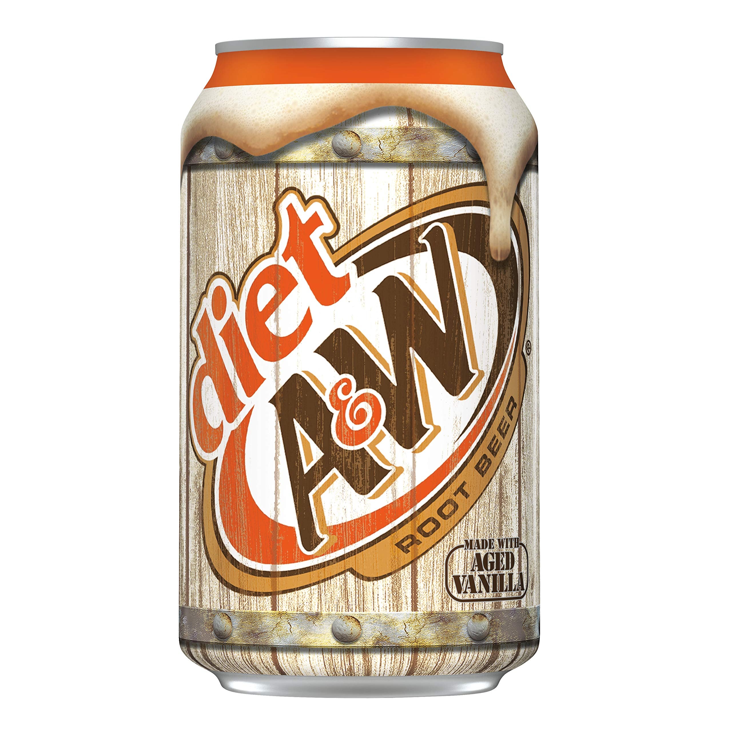 A can of Diet A&W Root Beer with a wooden barrel design, frothy foam on top, and bold orange, brown, and white lettering. Text reads "Made with Aged Vanilla.