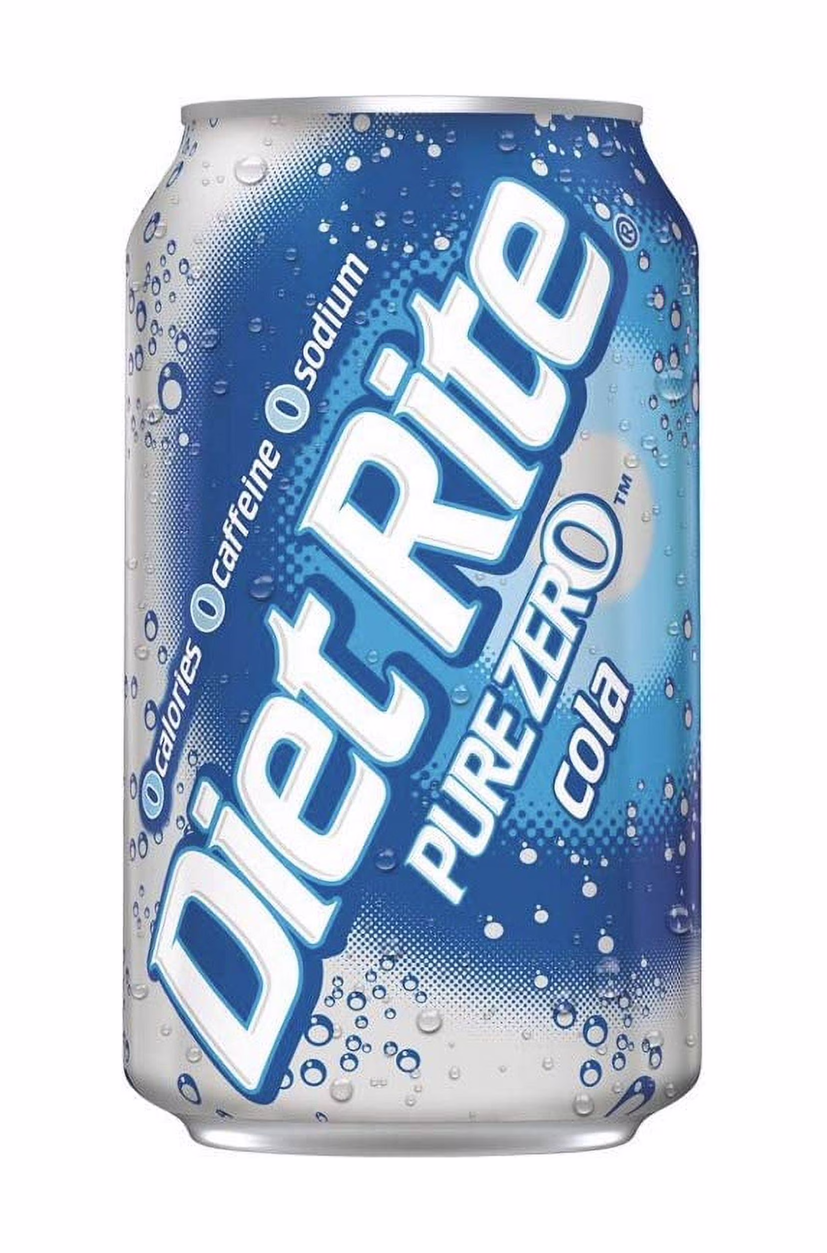 A can of Diet Rite Pure Zero Cola with a blue and silver design, featuring bubbles and text highlighting zero calories, caffeine, and sodium.