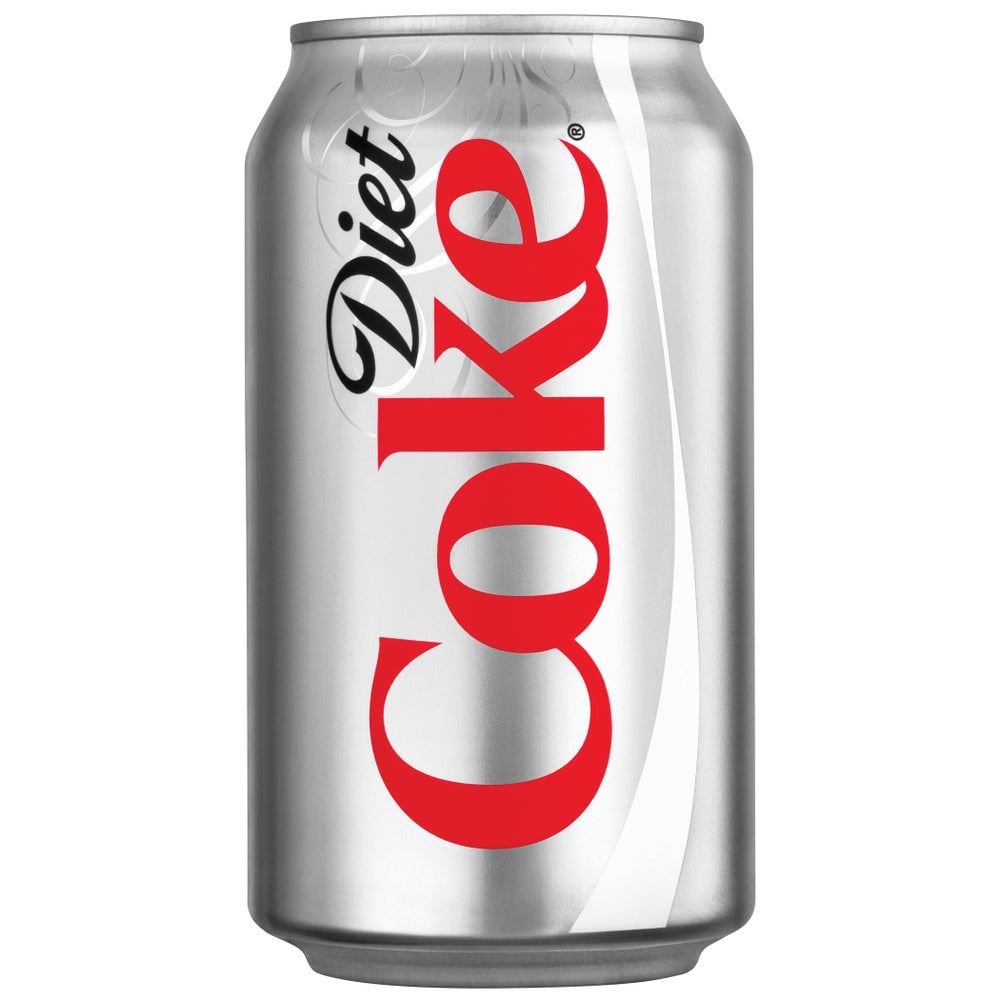 A silver can of Diet Coke with bold red "Coke" lettering and the word "Diet" in black script running vertically along the side.