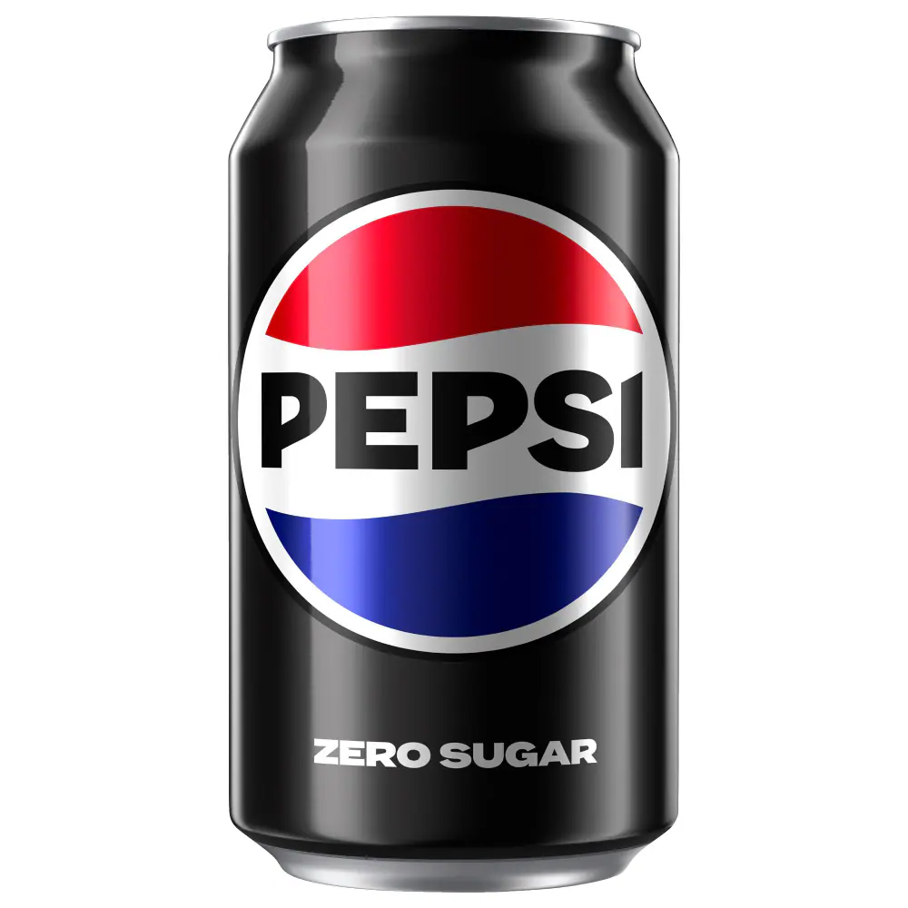 A black can of Pepsi Zero Sugar with the Pepsi logo in red, white, and blue, and the words "Zero Sugar" in white near the bottom of the can.