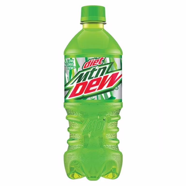 A plastic bottle of Diet Mountain Dew with a green label and cap, featuring the brand’s logo and the words “low calorie dew” on the upper left. The bottle is filled with a light green soda.