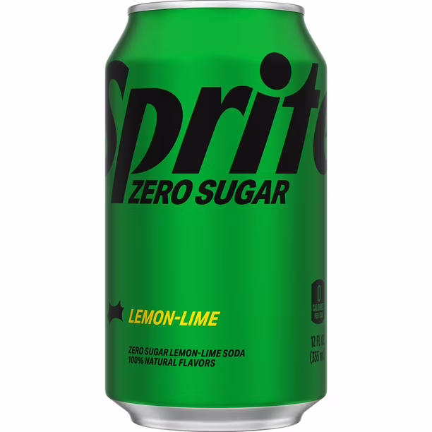 A green can of Sprite Zero Sugar lemon-lime soda, featuring large black "Sprite" logo and "Zero Sugar" text, with yellow "Lemon-Lime" label and details about zero sugar and natural flavors.