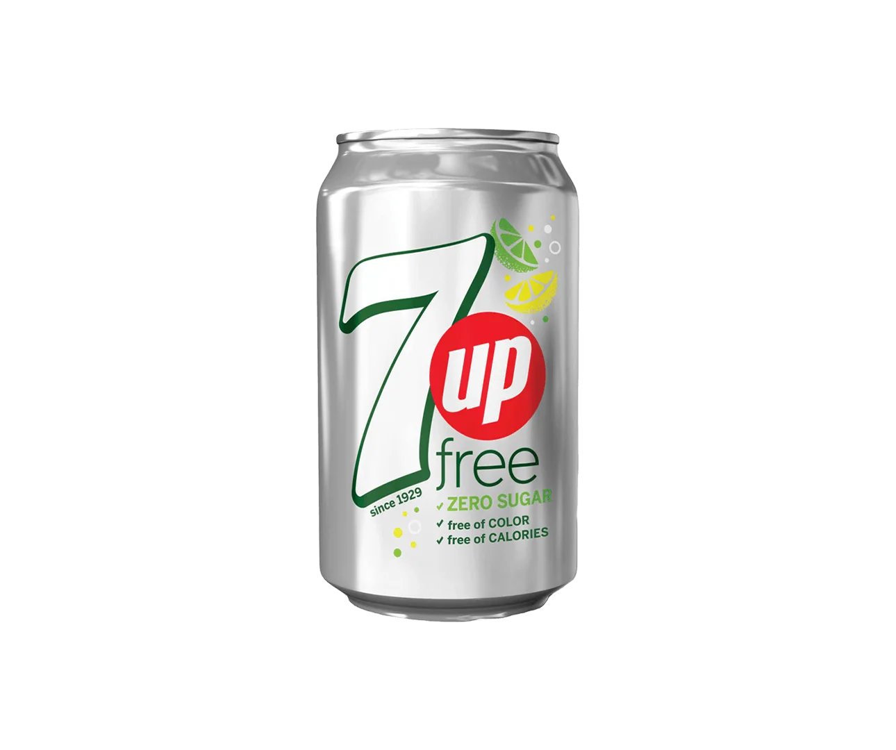 A silver can of 7UP Free, featuring green and red branding, with images of lemon and lime slices. The label highlights zero sugar, free of color, and free of calories.