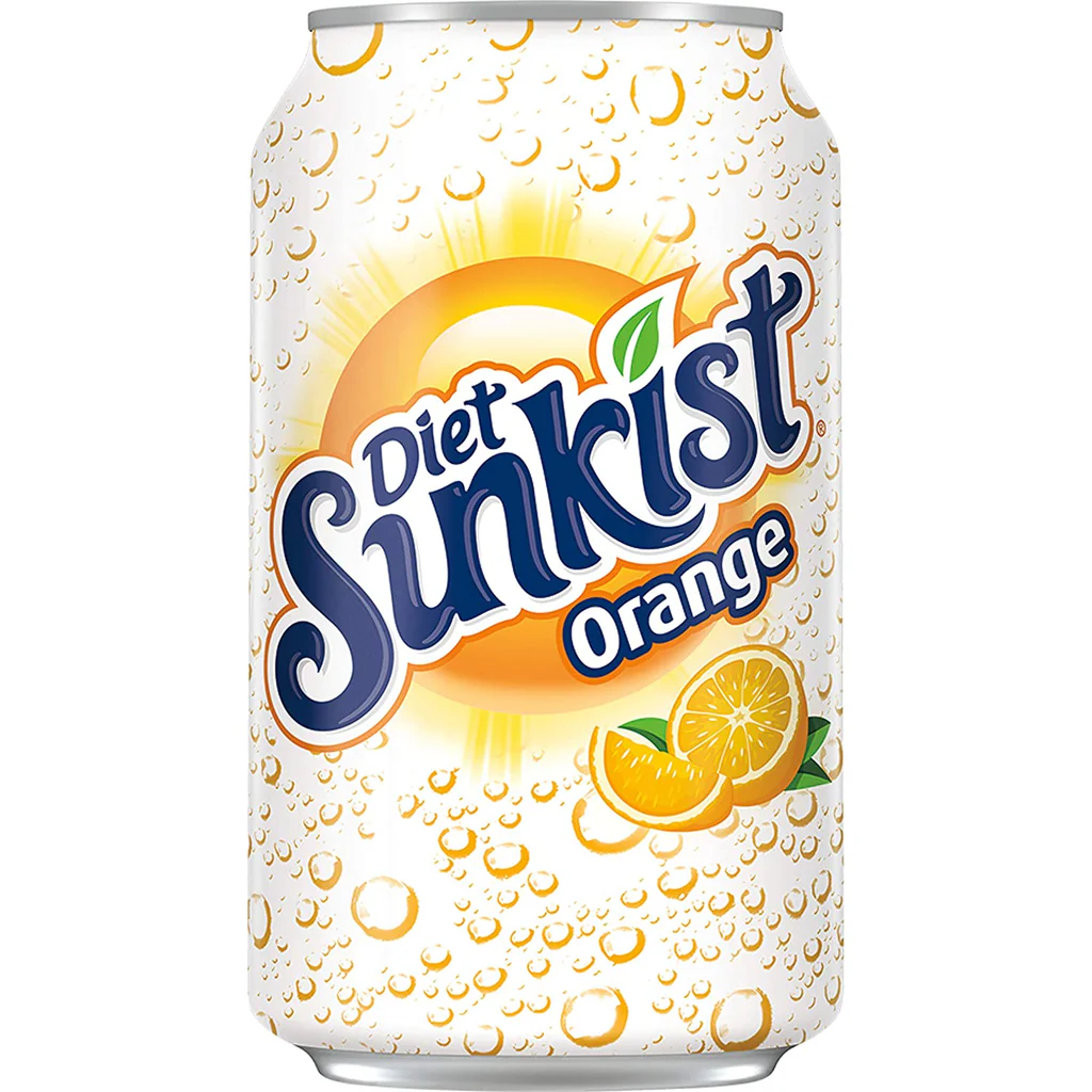A can of Diet Sunkist Orange soda featuring a bright sun, orange slices, and bubbles on a white background, with bold blue and orange text displaying the brand and flavor.