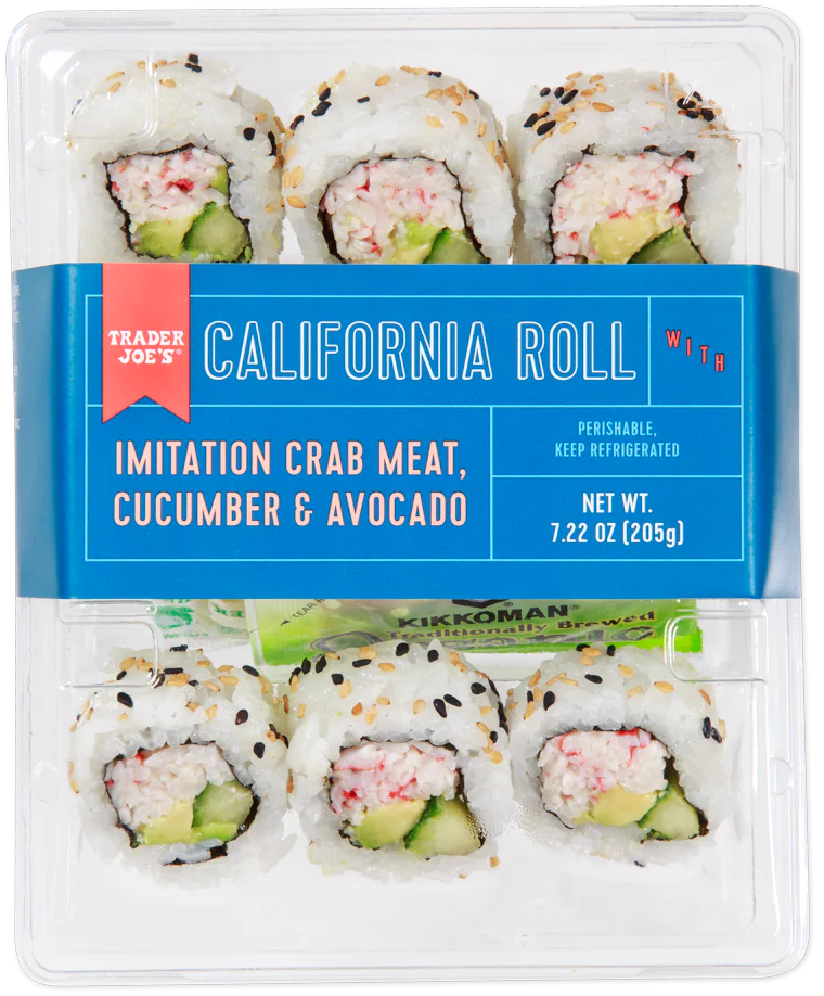 A plastic tray of Trader Joe’s California Roll sushi with imitation crab meat, cucumber, and avocado. The package has a blue label and contains 7 sushi pieces, garnished with sesame seeds.