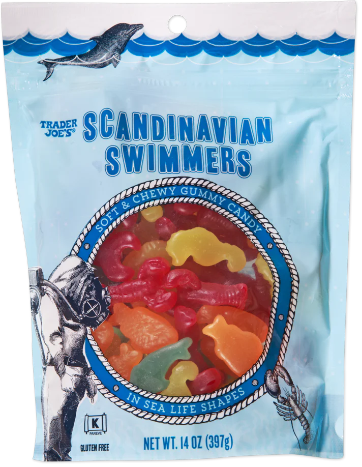 Trader Joe's products. A bag of Trader Joe’s Scandinavian Swimmers gummy candy, featuring colorful fish and sea creature shapes visible through a transparent section on a light blue, sea-themed package.