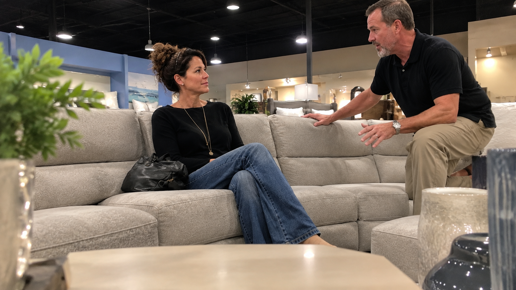 A woman sits on a gray sectional sofa in a furniture store, listening to a man discuss how products are getting more expensive because of tariffs. The well-lit showroom features various home furnishings in the background.