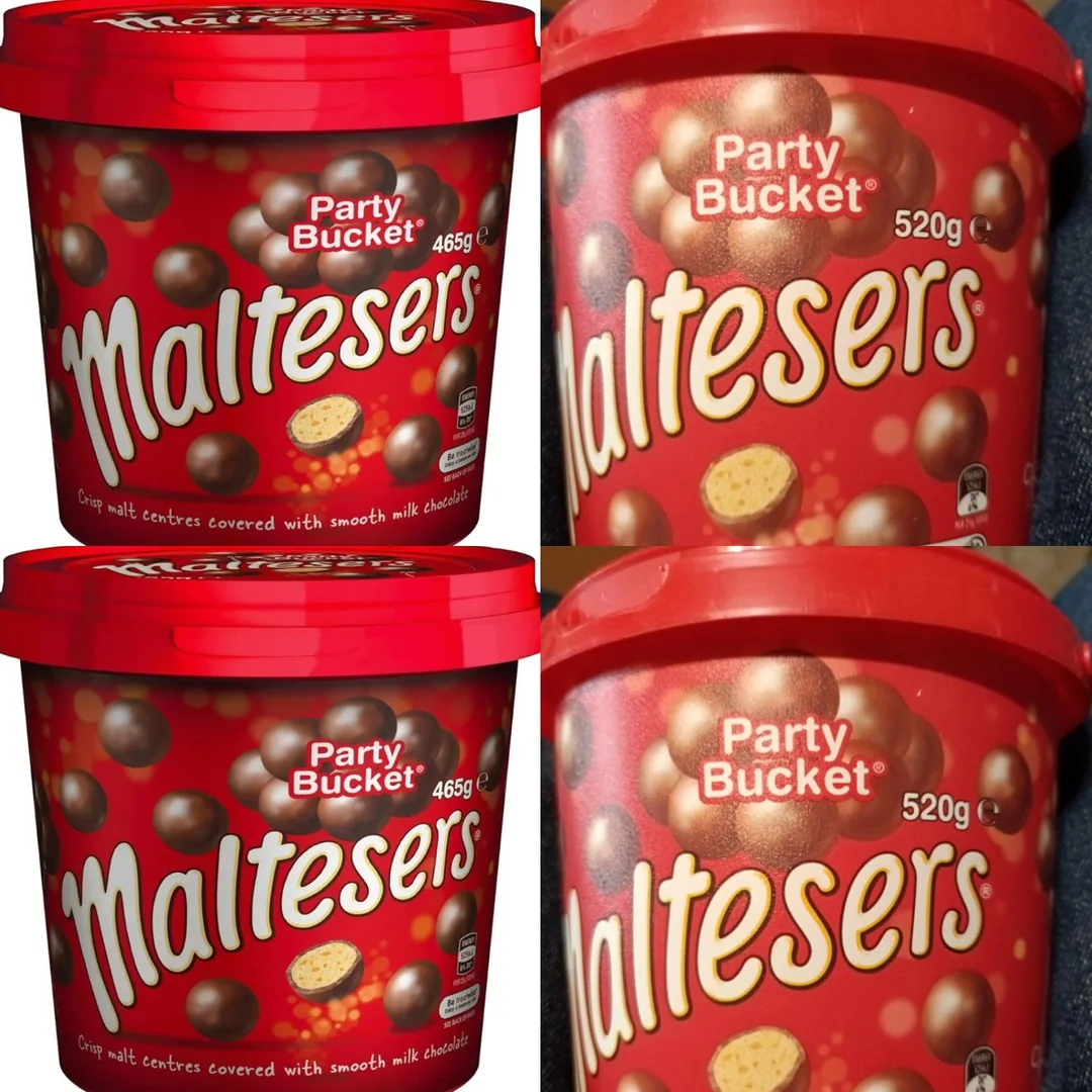 Four images of Maltesers Party Bucket containers. The left two buckets are labeled 465g, while the right two are labeled 520g. All containers are red with a Maltesers logo and images of chocolate-covered candy.