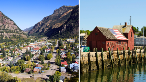 Split image: Left side shows an affordable small town nestled in a green valley surrounded by mountains; right side features a red wooden building with a large American flag on the roof by the water and a dock.