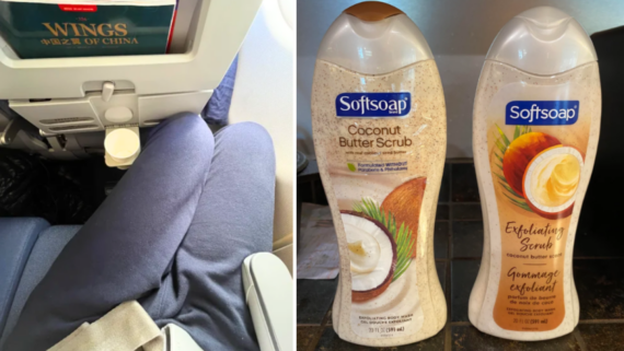 On the left, a person sits in an airplane seat with a cup holder attached to the tray table&mdash;sometimes you pay more for less comfort. On the right, two Softsoap bottles sit on a counter: Coconut Butter Scrub and Exfoliating Scrub with coconut imagery.