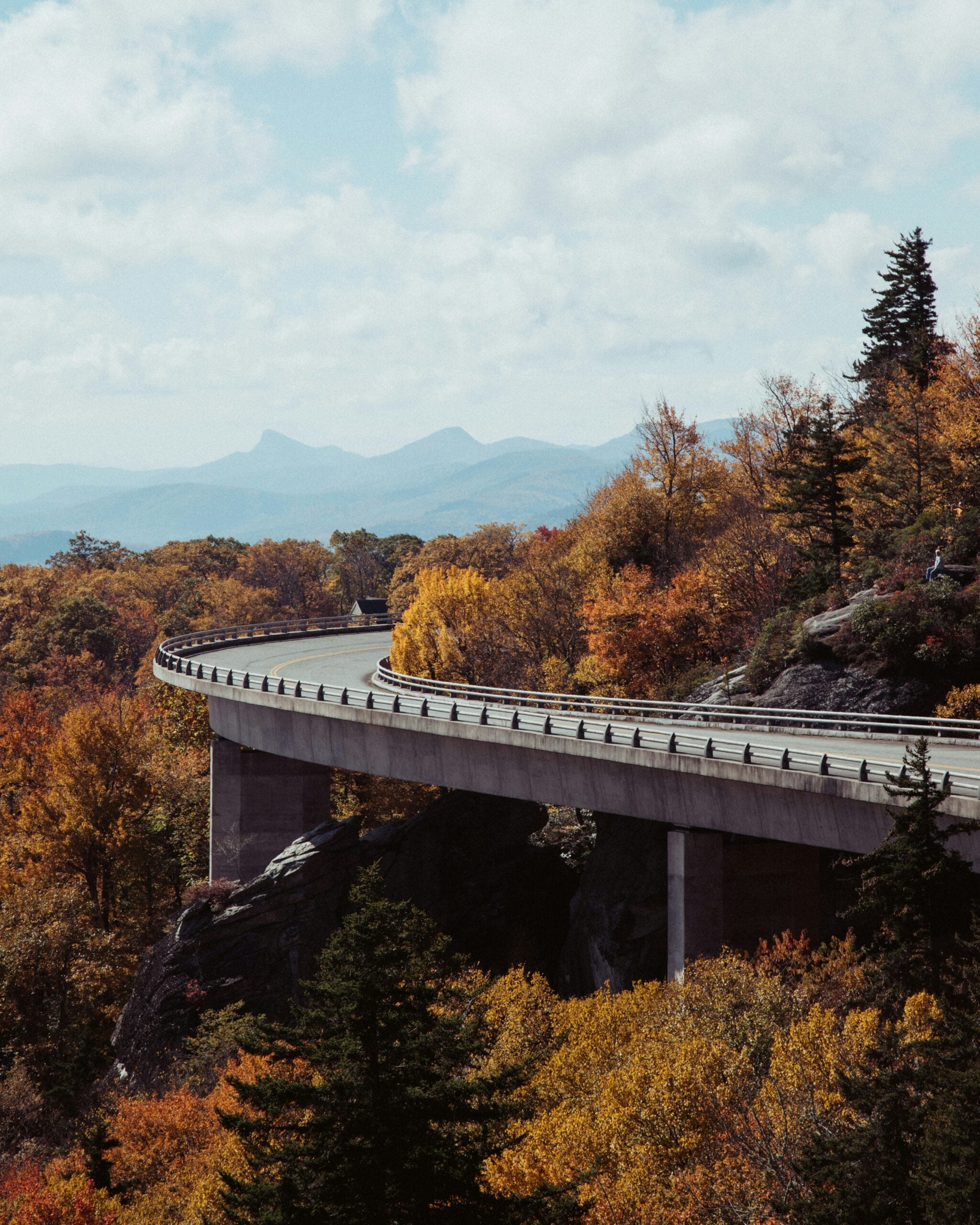 A curving elevated highway passes through a colorful autumn forest, with distant mountains under a partly cloudy sky in the background.