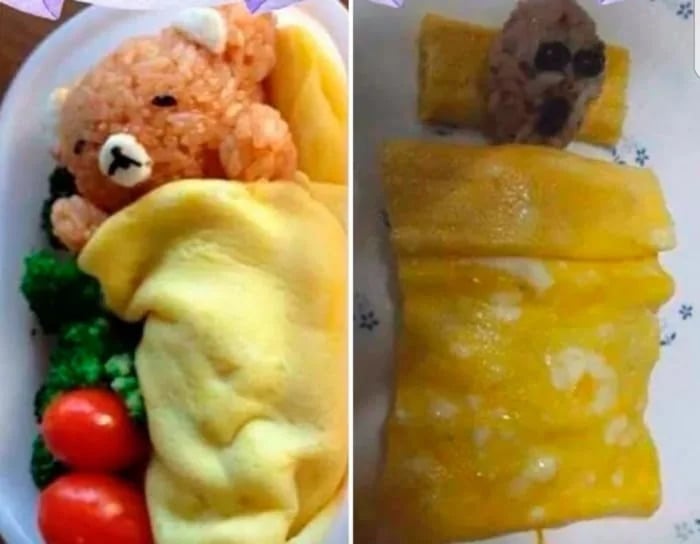 Left: Cute bear-shaped rice tucked in an omelet blanket with broccoli and tomatoes. Right: Messy version with brown rice and egg, resembling a bear under a yellow blanket. Both are food art attempts.
