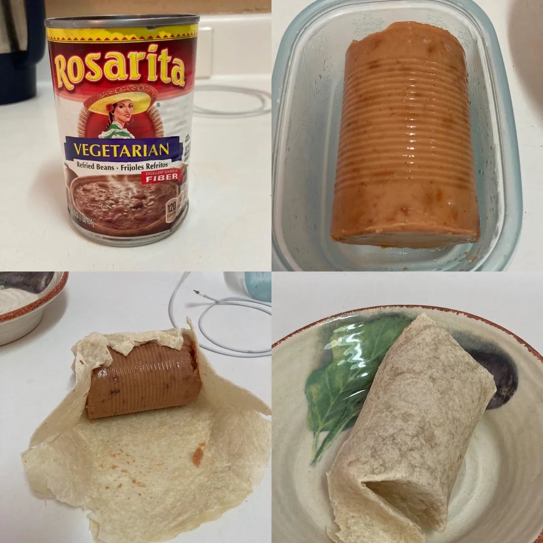 A can of Rosarita vegetarian refried beans, the beans out of the can in one piece, then wrapped in a tortilla, and finally the wrapped tortilla on a plate.