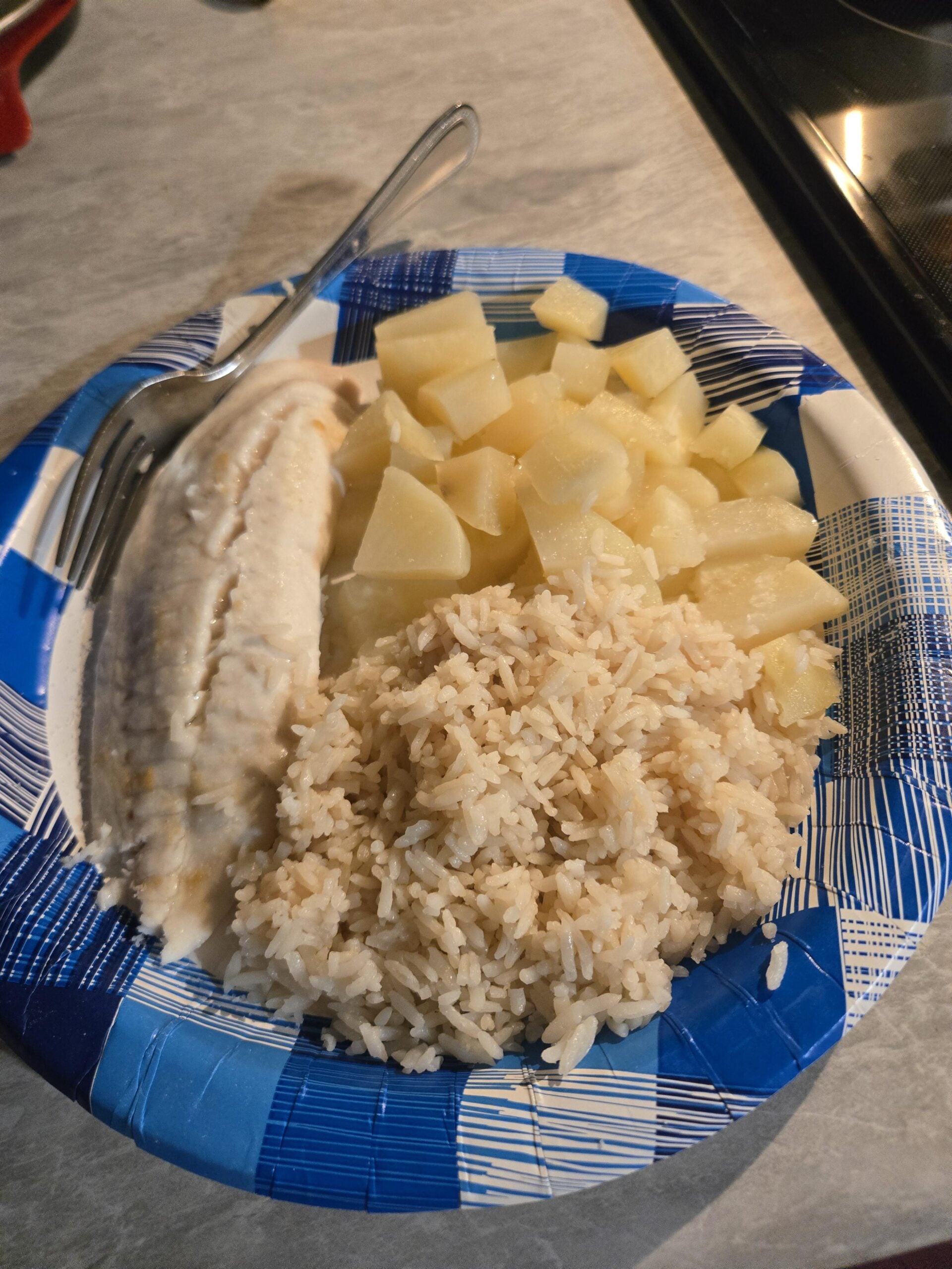 A blue paper plate with white fish, a serving of white rice, and diced potatoes—thankfully not one of those hilarious cooking disasters. A fork rests on the plate. The plate sits on a countertop near a stove.