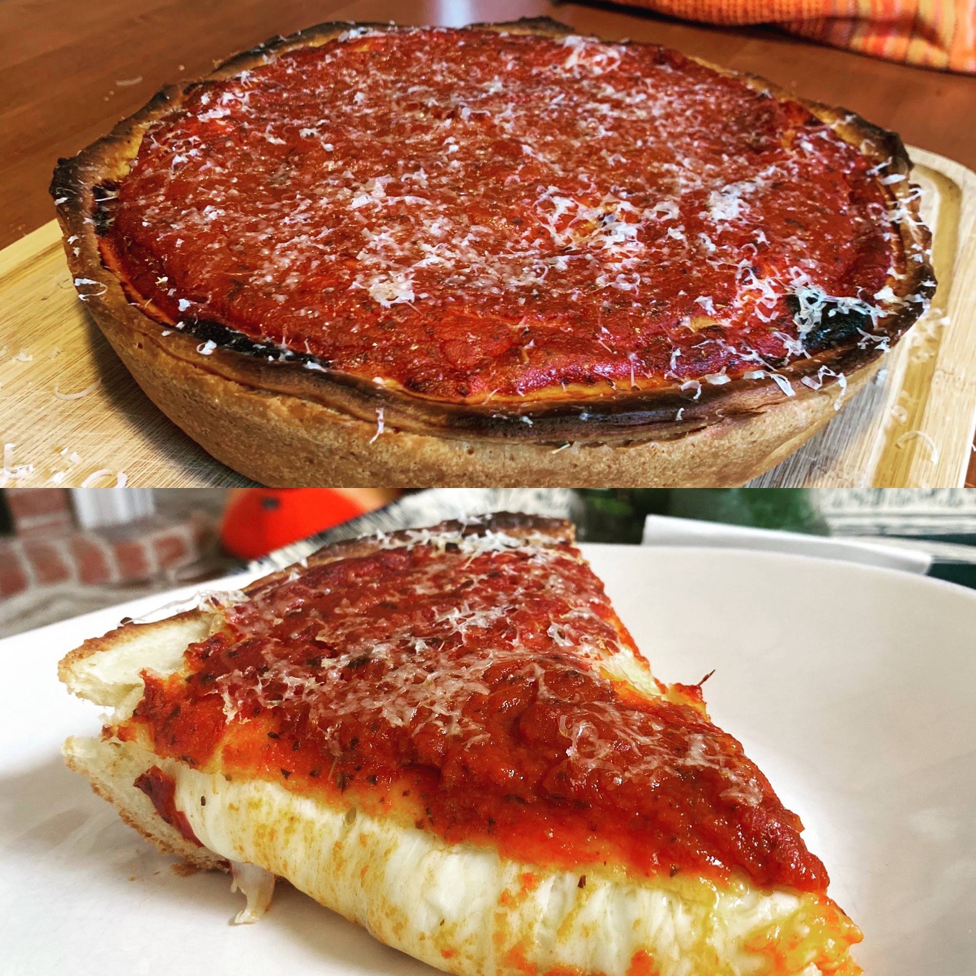 Two photos: the top shows a whole deep-dish pizza with tomato sauce and grated cheese on top; the bottom shows a slice of the same pizza on a white plate, showing thick cheese and sauce layers.
