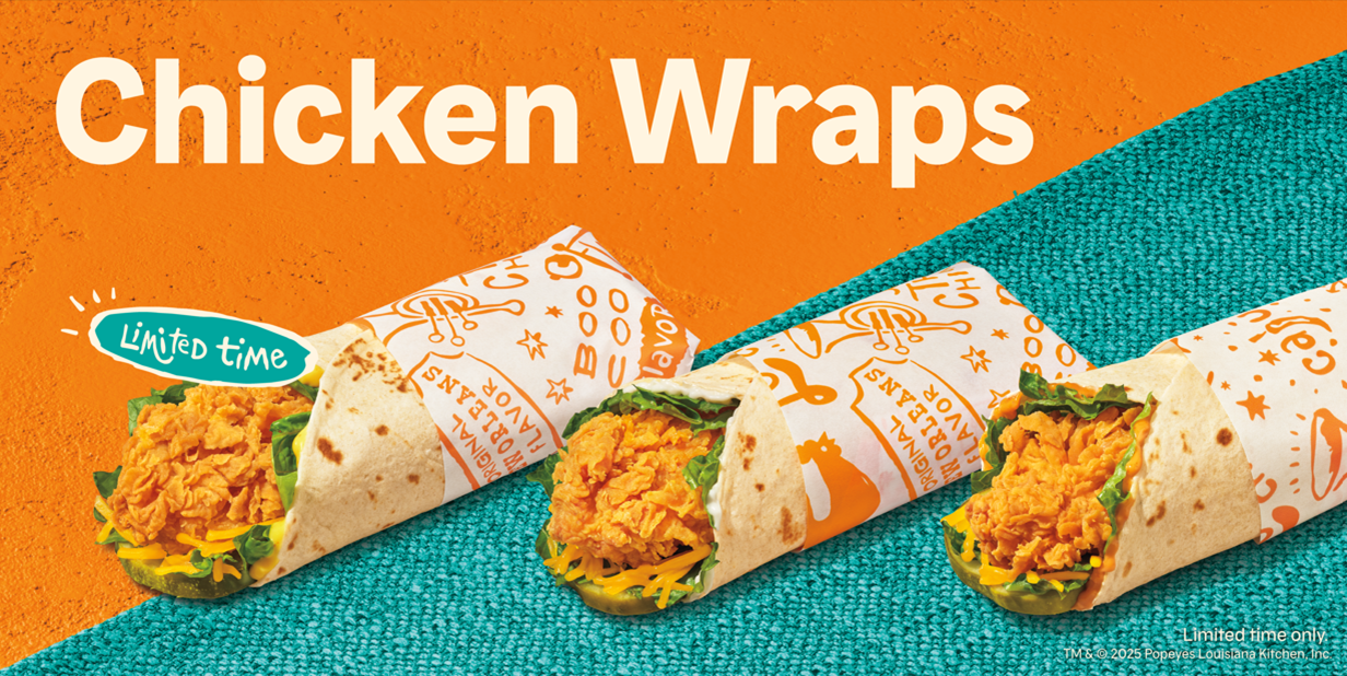 Three chicken wraps from one of your favorite fried chicken chains, packed with lettuce and cheese, are displayed on a teal and orange textured surface. "Chicken Wraps" and "Limited time" are written in bold white and green text above the wraps.