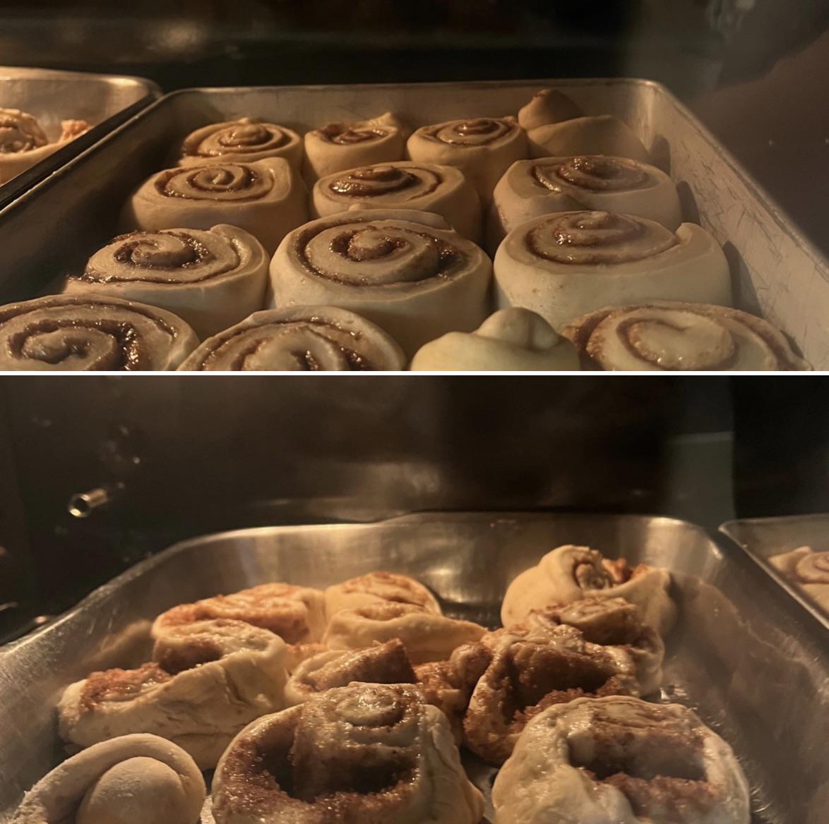 Two metal pans of cinnamon rolls in an oven: the top image shows them before baking, while the bottom image shows them risen and golden after baking.