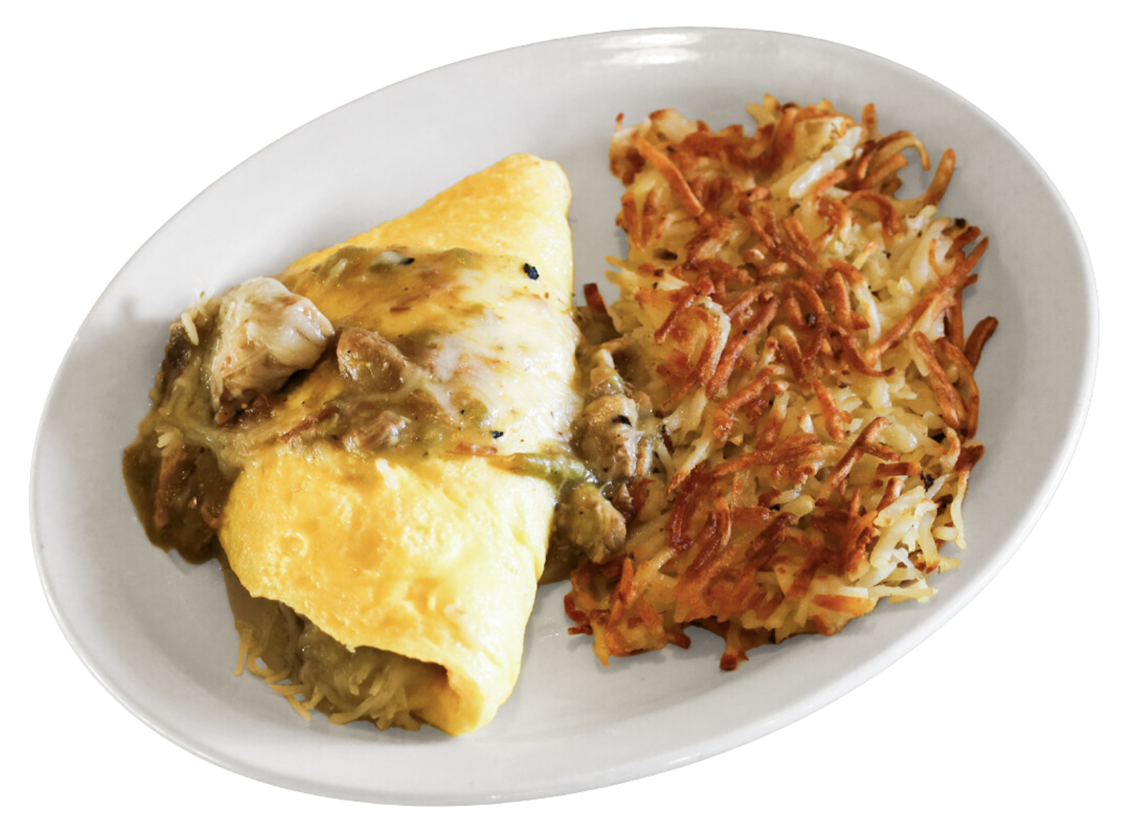A plate with a cheese and meat omelet topped with sauce, served alongside a portion of the best hash browns—crispy and golden to perfection.