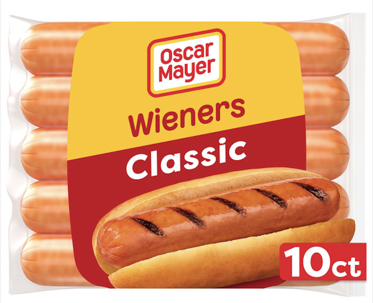 A package of Oscar Mayer Classic Wieners with an image of a grilled hot dog in a bun. The packaging shows 10 hot dogs and the label "10 ct" in the lower right corner.