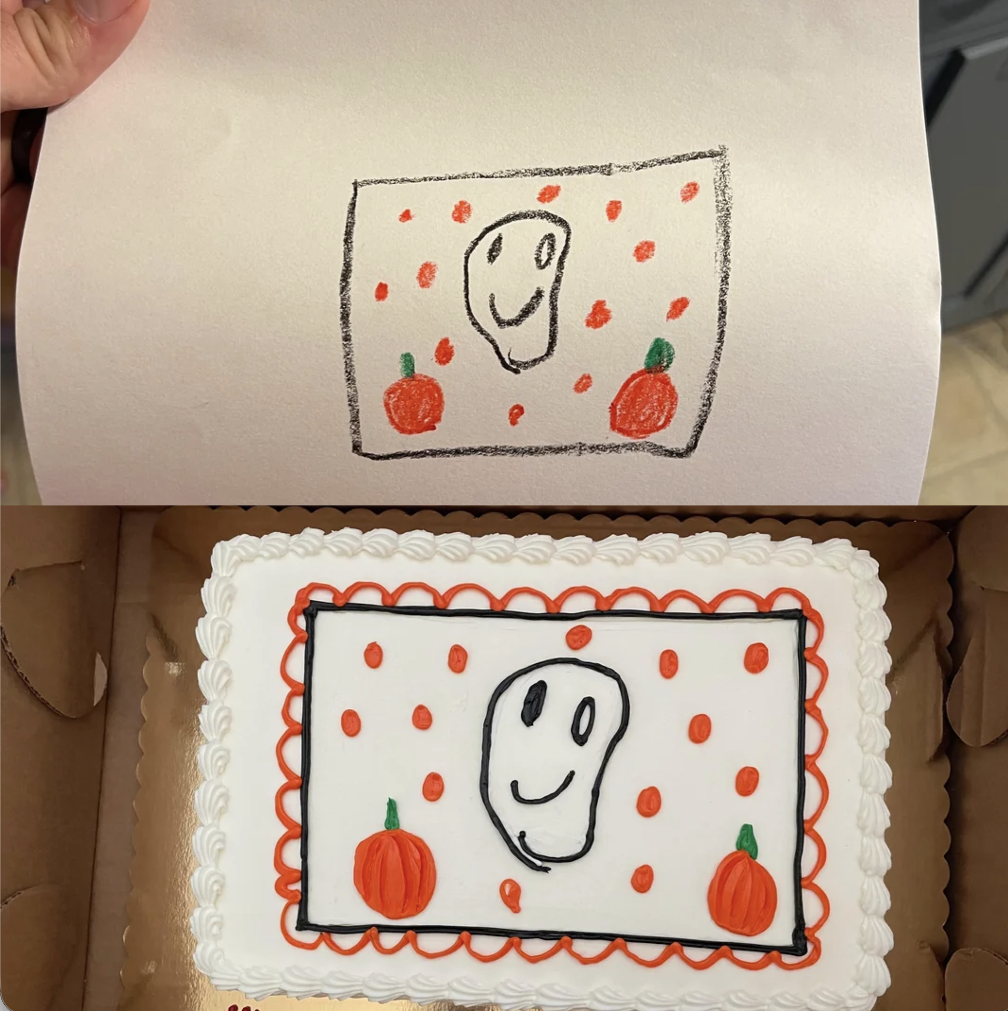 A hand-drawn picture of a ghost, pumpkin, and red dots is shown above a cake decorated with the same simple ghost, pumpkin, and red dots design.
