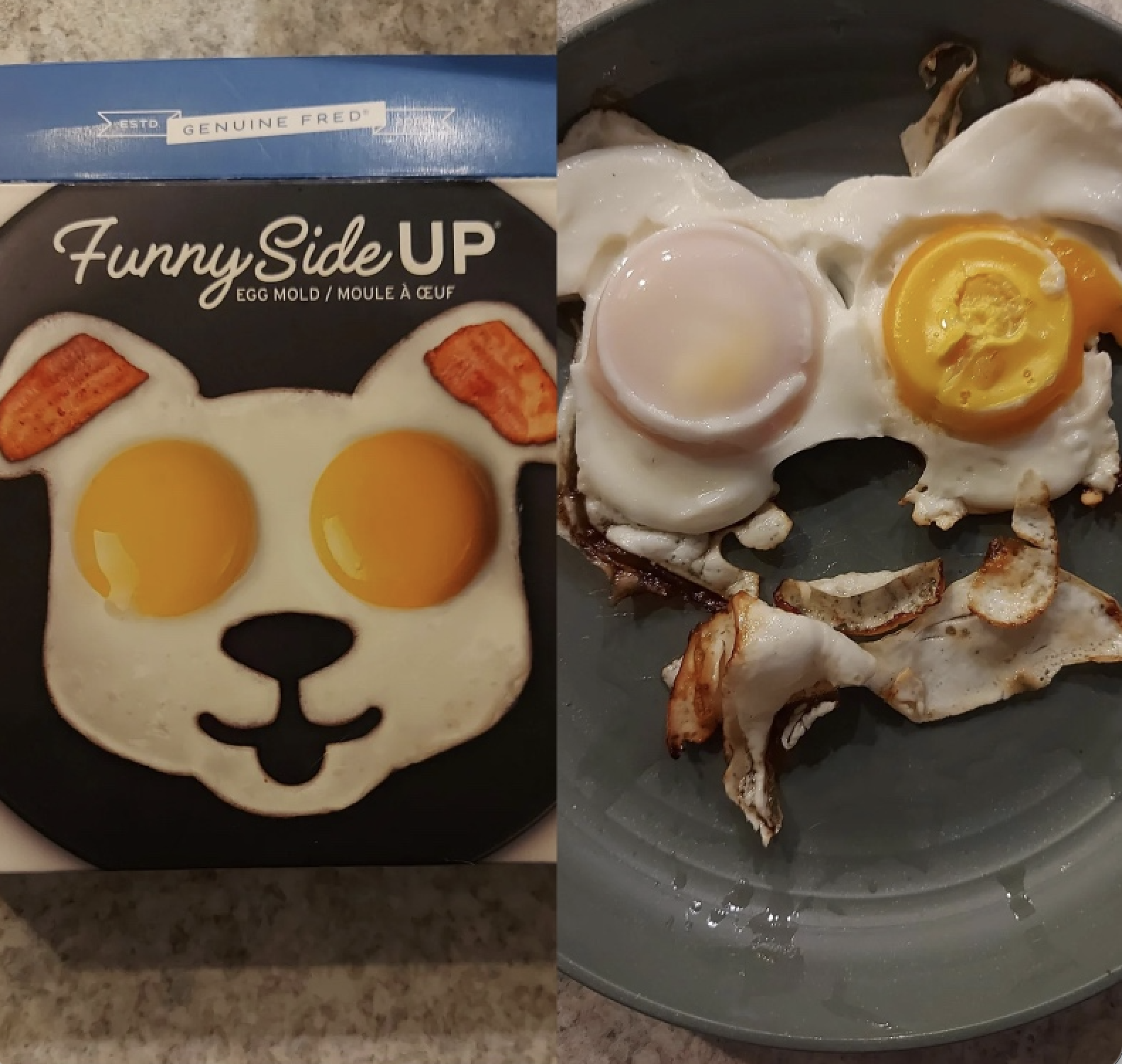 A box showing a dog-shaped egg mold with two yolks as eyes is on the left; on the right, cooked eggs using the mold resemble a dog face, but look messy and uneven.